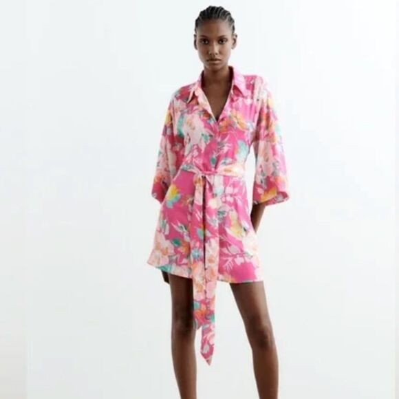 ZARA Pink Floral Printed Satin/Sarin Effect Floral Kimono Dress NWT - XS - Picture 1 of 7